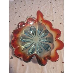 Mid-Century  Curved Wave Art Glass Bowl, Colorful Home Decor Blue Ombre